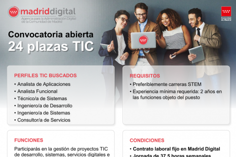 Madrid Digital convoca 24 plazas TIC con contrato fijo y teletrabajo en la Comunidad de Madrid